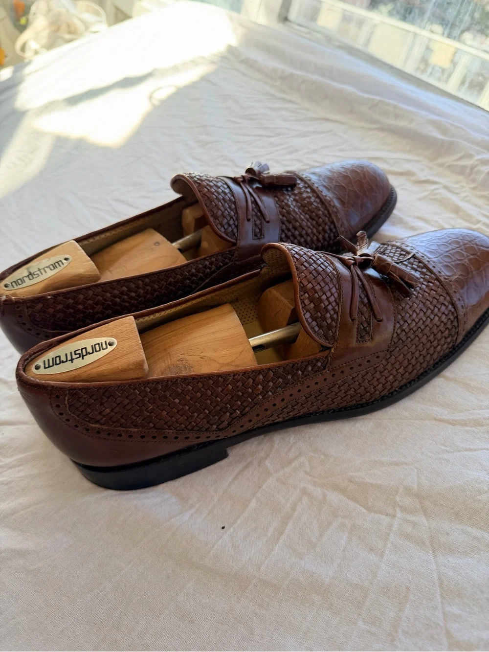 Mezlan embossed caramel Brown Woven Leather croc Tassel Loafers